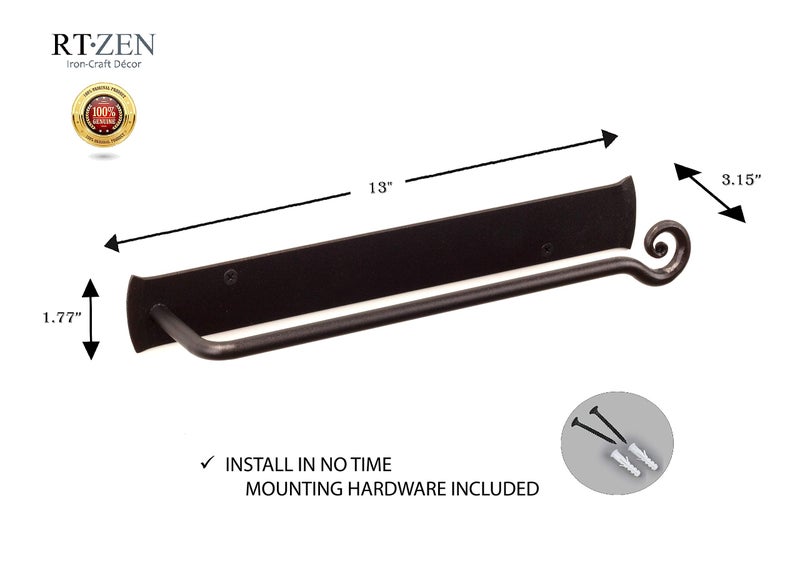 RTZEN Matte Black Hand Towel Holder for Bathroom - Handcrafted Farmhouse Wrought Iron Metal Kitchen Bar - Small Hand Towel Bar Hanger for Home or Office - Wall Mounted Rack Fits 10" Towels - Image 4
